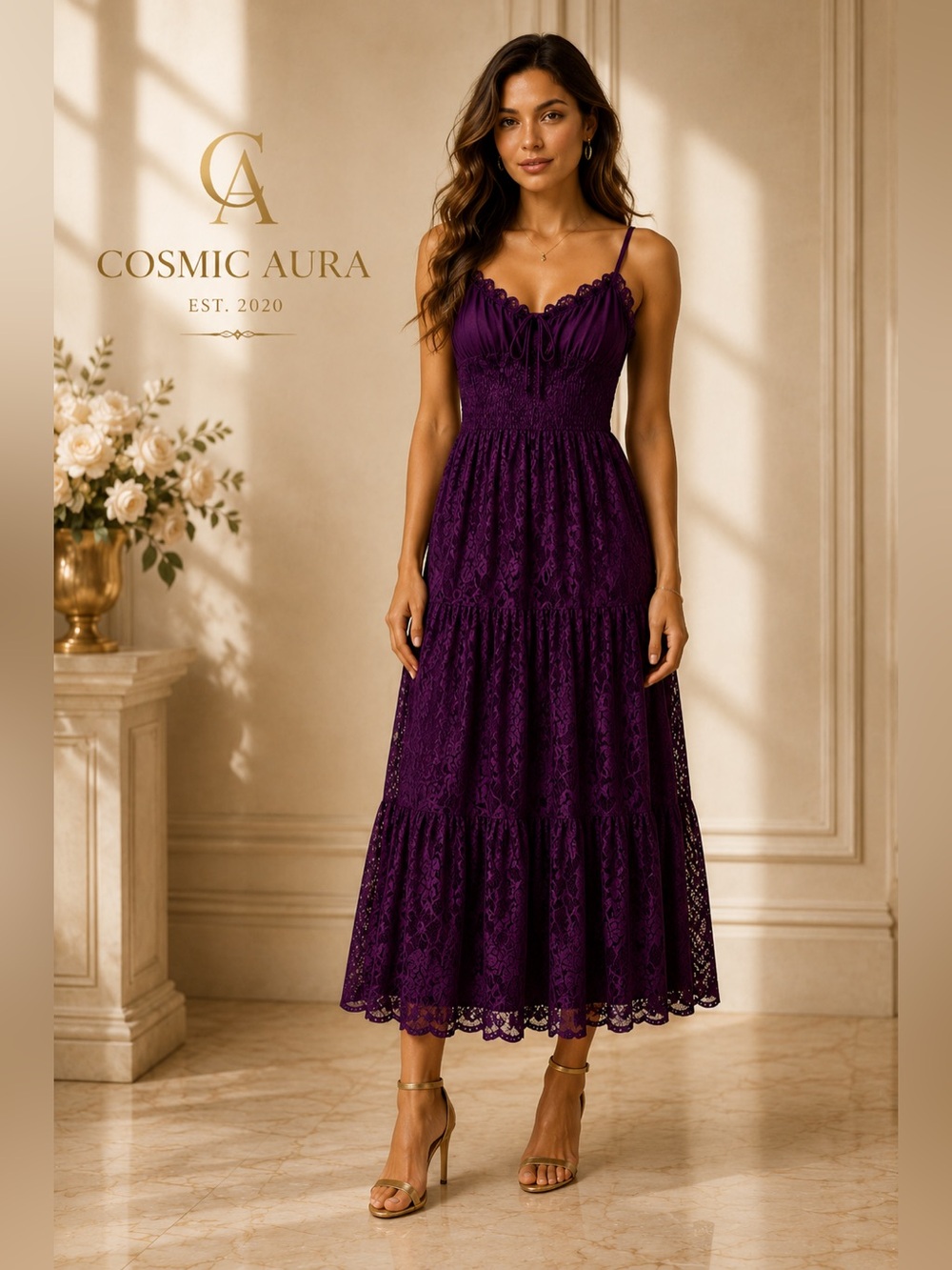 Cosmic Aura Purple Lace Midi Dress Medium Tiered Boho Cottagecore Wedding Guest